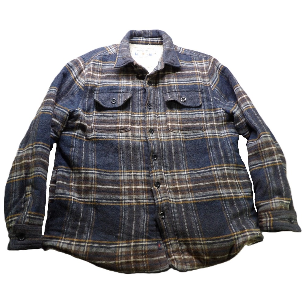 Faherty Men L Vintage Blue Plaid Sherpa High Pile Fleece Wool CPO Shirt Jacket - Picture 2 of 16